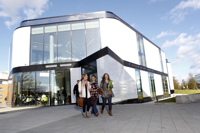 Students walking outside the University of Hertfordshire's law court building