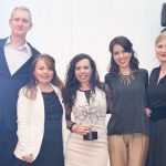 Three members of the LSE research development team flanked by a representative of award sponsor Worktribe and the ARMA awards MC.