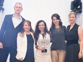 Three members of the LSE research development team flanked by a representative of award sponsor Worktribe and the ARMA awards MC.
