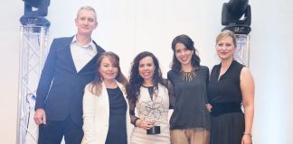 Three members of the LSE research development team flanked by a representative of award sponsor Worktribe and the ARMA awards MC.
