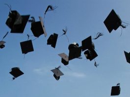 University mortar boards in the air