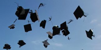 University mortar boards in the air