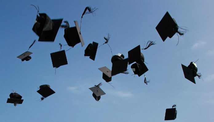 University mortar boards in the air